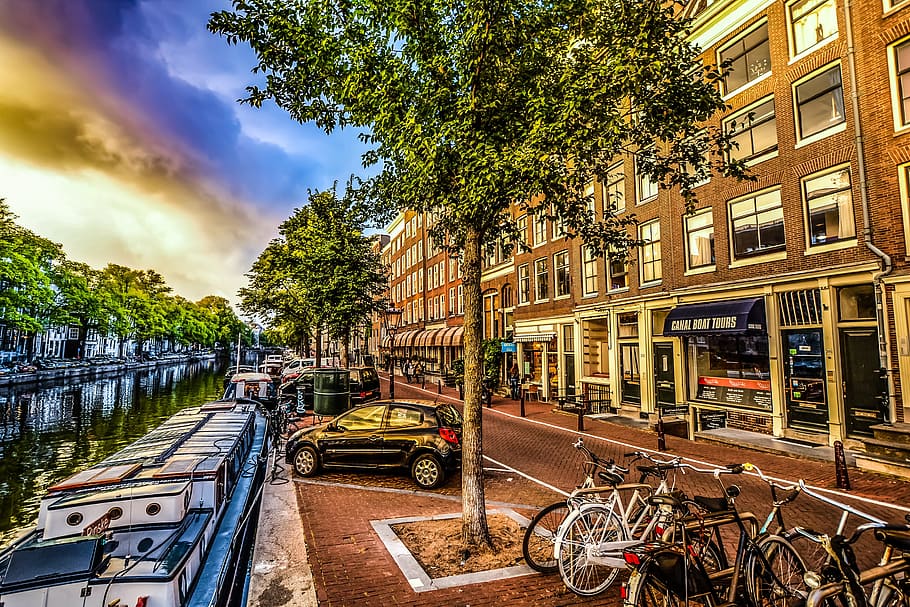 Amsterdam, Canal, Storm, Clouds, Holland, bicycle, tourism HD wallpaper