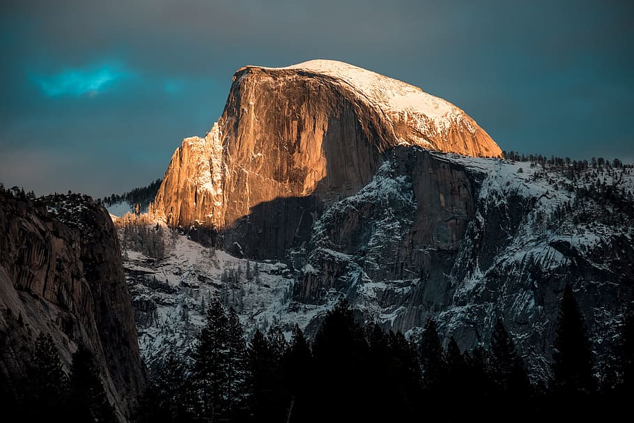 photo of mountain covered of snow, alp, cloudy, conifers, dawn HD wallpaper