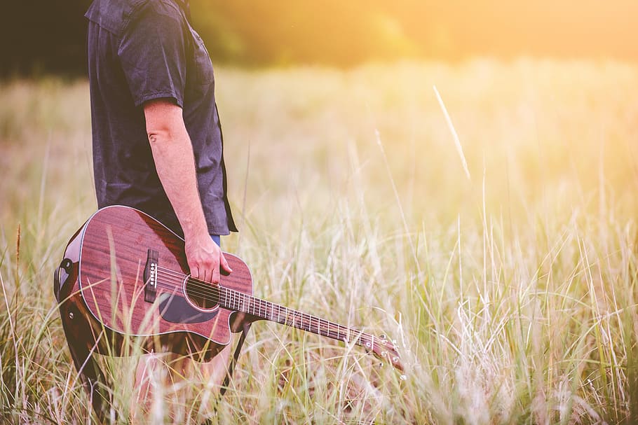 person holding guitar on grass field, men, outdoors, nature, one Person