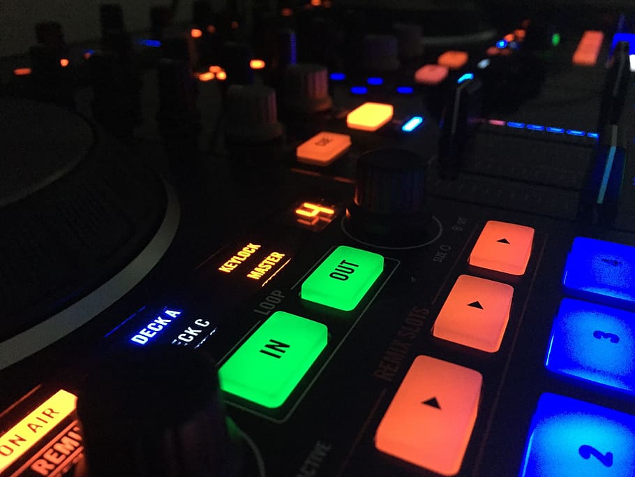 black and multicolored audio mixer, dj, disco, club, music, party