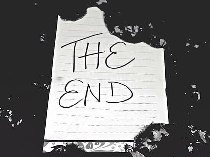 white printer paper with the end text on black surface, list HD wallpaper