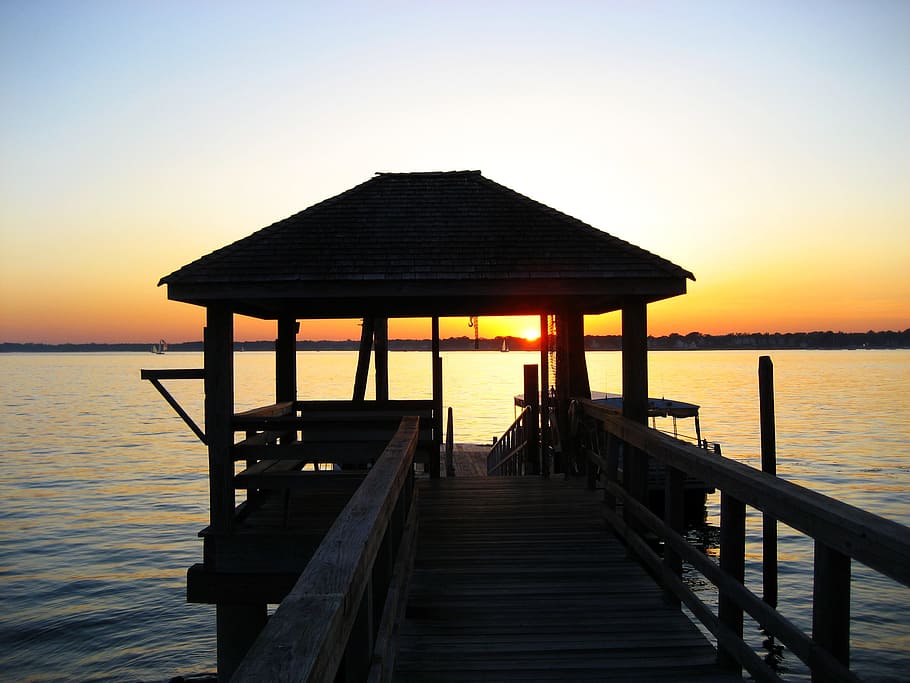 Sunset, Dock, Pier, Water, Sky, Sky, Travel, sea, summer, boat, HD wallpaper