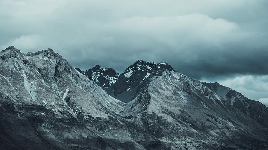 ice-covered mountains, rocky mountain covered with snow under white and gray cloudy skies HD wallpaper