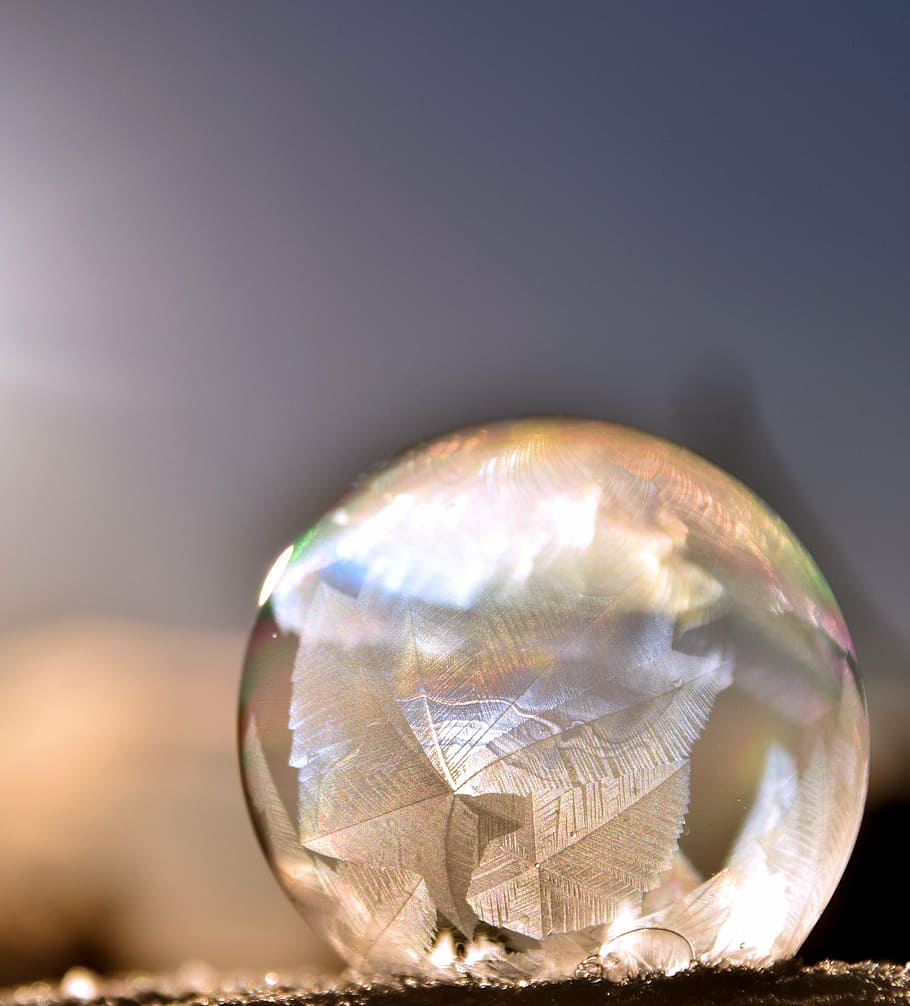 clear glass ball in shallow focus lens, bubble, soap bubble HD wallpaper