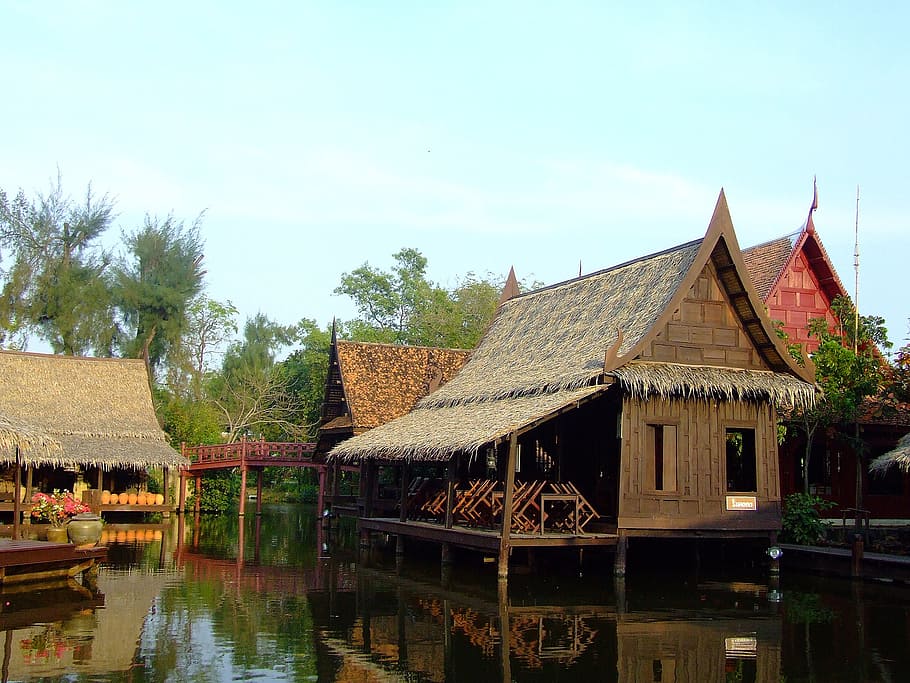 houses, wooden, thailand, river, asian, floating, traditional, HD wallpaper