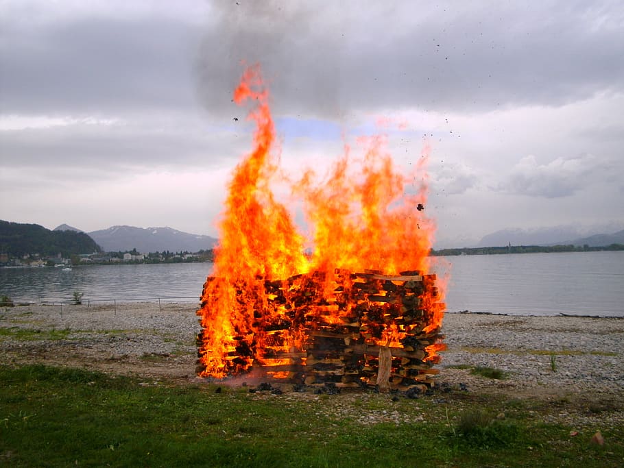 fire, flame, burn, lake, water, burning, fire - natural phenomenon HD wallpaper
