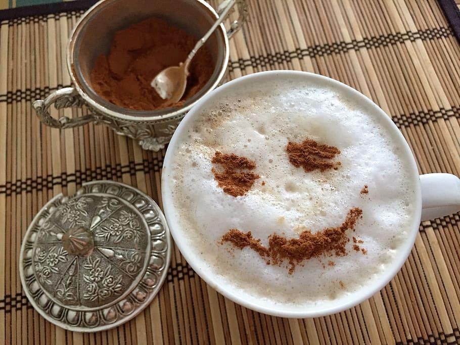 white ceramic mug on woven mat, Coffee, Cinnamon, Smile, Breakfast HD wallpaper