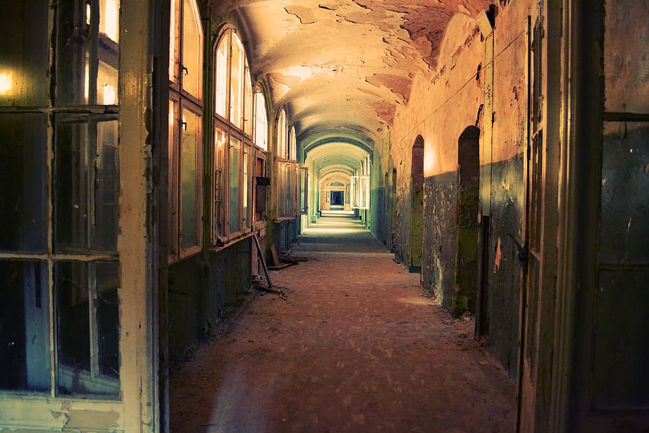 hallway of abandoned building, corridor, old, run-down, indoors HD wallpaper