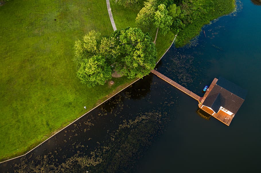 aerial photography of dock bridge, aerial photography of house in the middle of bodies of water near green grass HD wallpaper
