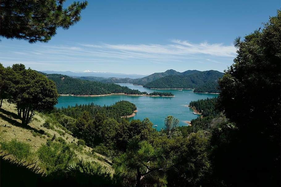 mountains near body of water, surrounded, trees, covered, highland HD wallpaper