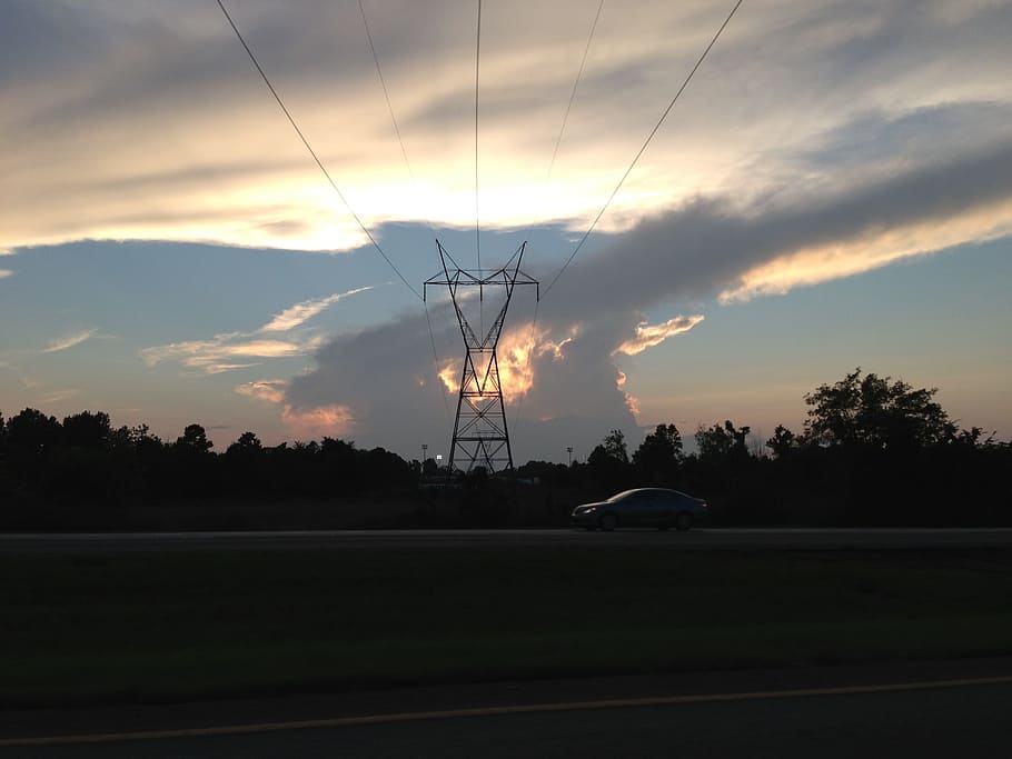Thunderstorm, Sunset, Power Lines, Sky, clouds, outdoors, scenic HD wallpaper