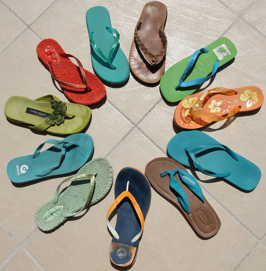 selective focus photography of flip-flops on floor, flip flops HD wallpaper