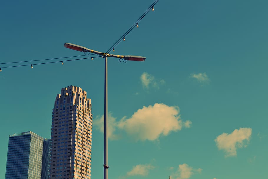street light near building, photo, way, two, gray, buildings HD wallpaper