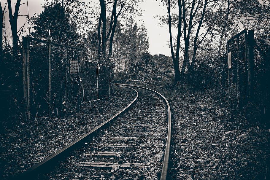 grayscale photo of train rail, lost places, railway, gleise, railway tracks