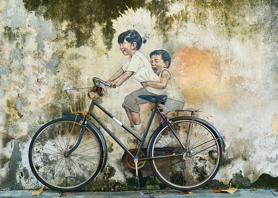children riding bicycle painting, rides, graffiti, art, artist