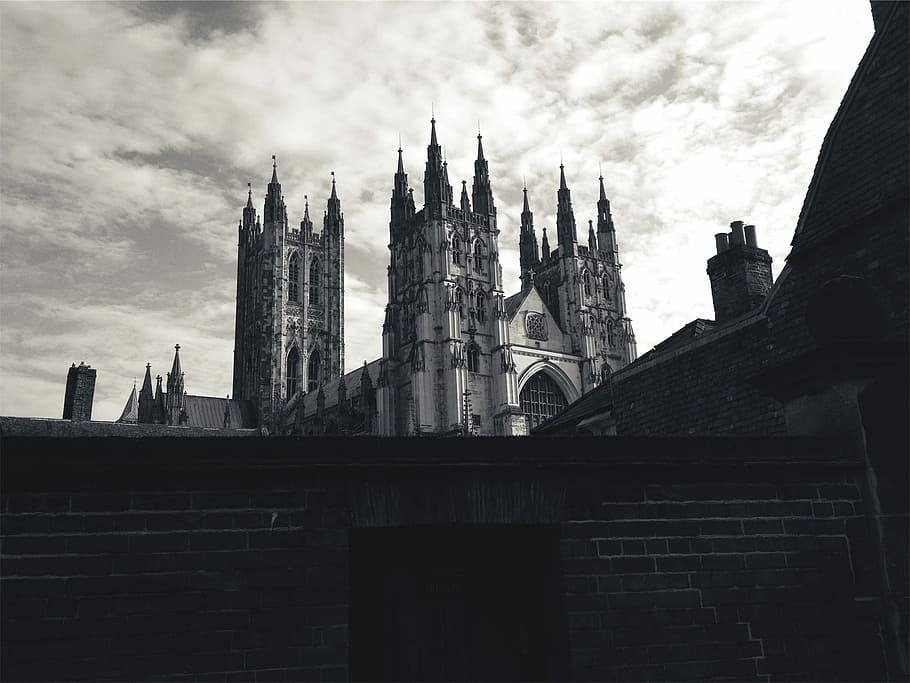 Castle, Wall, Architecture, Clouds, sky, black and white, cloud - sky HD wallpaper
