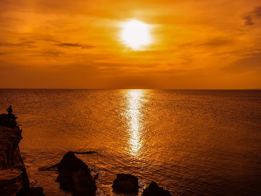 sunset, hazy, afternoon, sky, clouds, sea, coast, rocky, landscape HD wallpaper