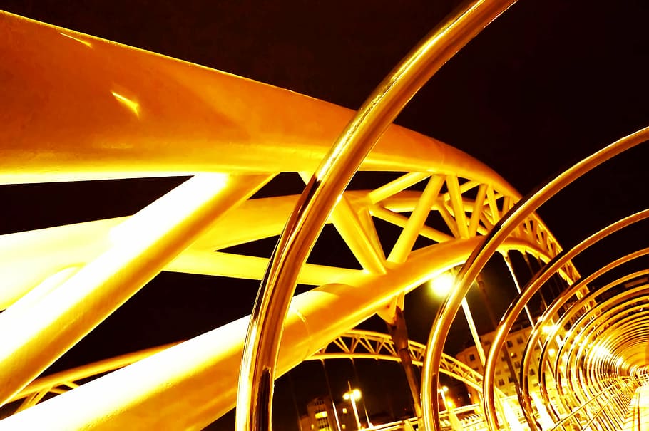night, dark, light, yellow, bridge, modern, architecture, metal HD wallpaper