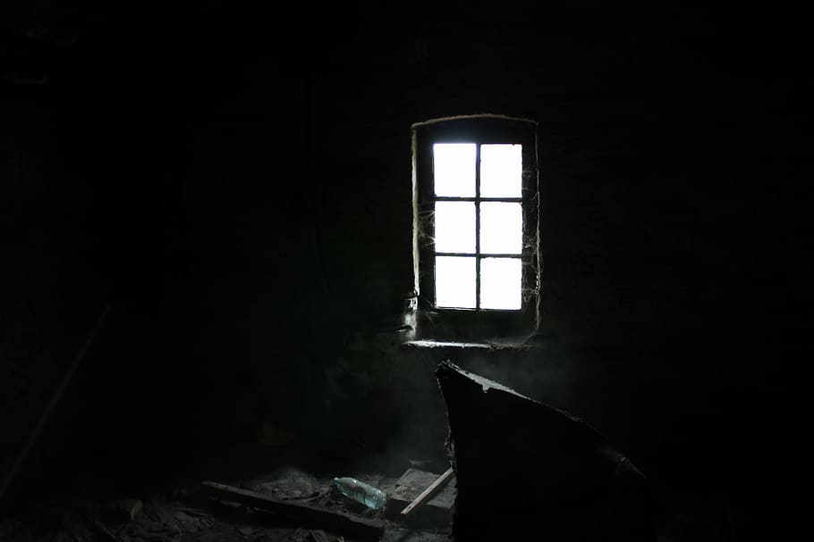 house window, dark, attic, dust, cobweb, gloomily, light, indoors, HD wallpaper