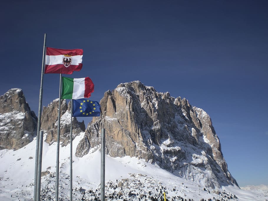 dolomites, flags, landscape, mountain, europe, alpine, alps, HD wallpaper