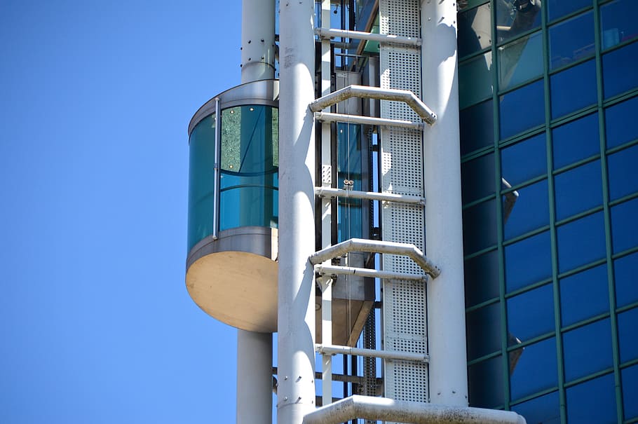 gray ladder tower, skyscraper, elevator, city, hotel, pointed HD wallpaper