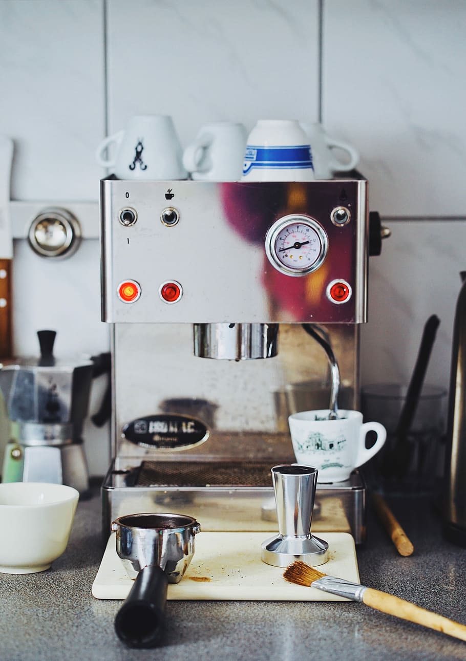close photography of gray coffeemaker, stainless steel espresso maker on gray marble surface HD wallpaper
