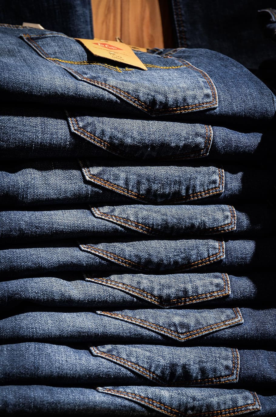 blue denim pant lot, jeans, pants, shop, shopping, shelf, exhibition, HD wallpaper