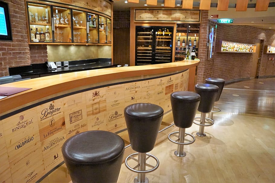 black leather bar stools, Shelf, Wine Shop, Cork, Bottle, alcohol, HD wallpaper