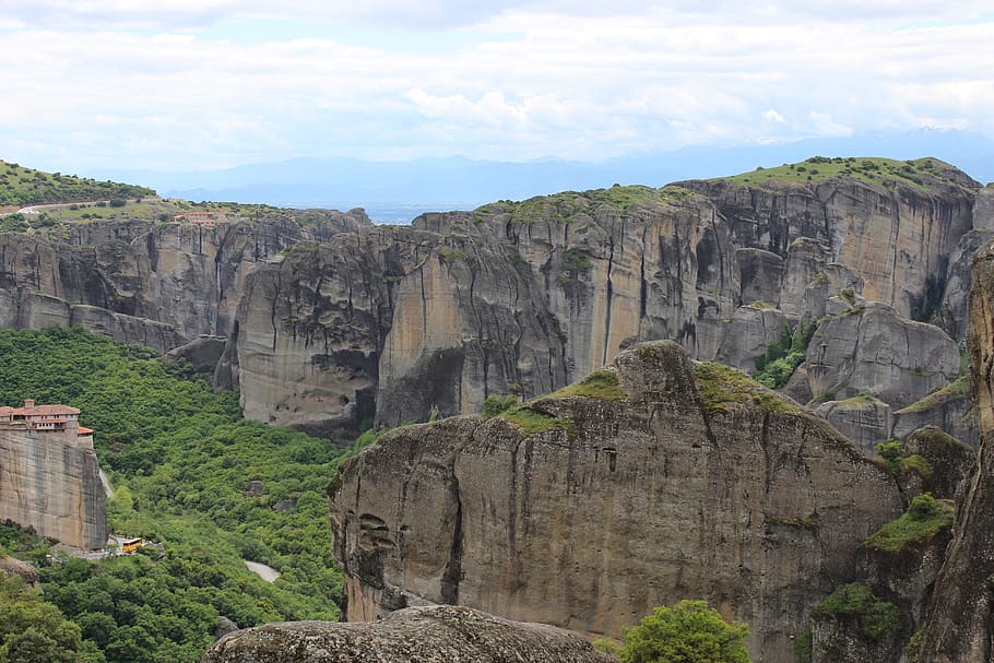 Meteora, Monastery, Greece, Landscape, religion, building, rocks, HD wallpaper