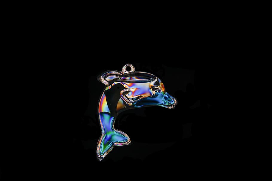 iridescent dolphin glass pendant, multicolored glass dolphin pendant in black background