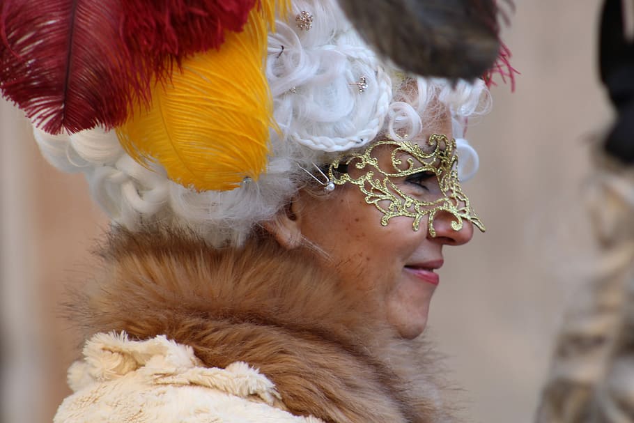 woman wearing gold mask, venice, carnival, creativeness, costume HD wallpaper
