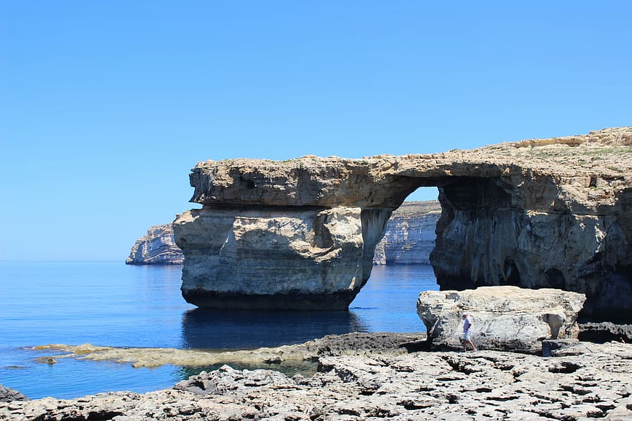 gray cliff on body of water, azure window, malta, gozo, ocean HD wallpaper