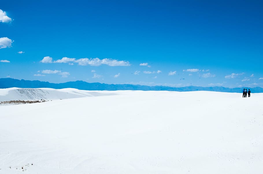 three people standing on ice field, white, seashore, blue, sky HD wallpaper