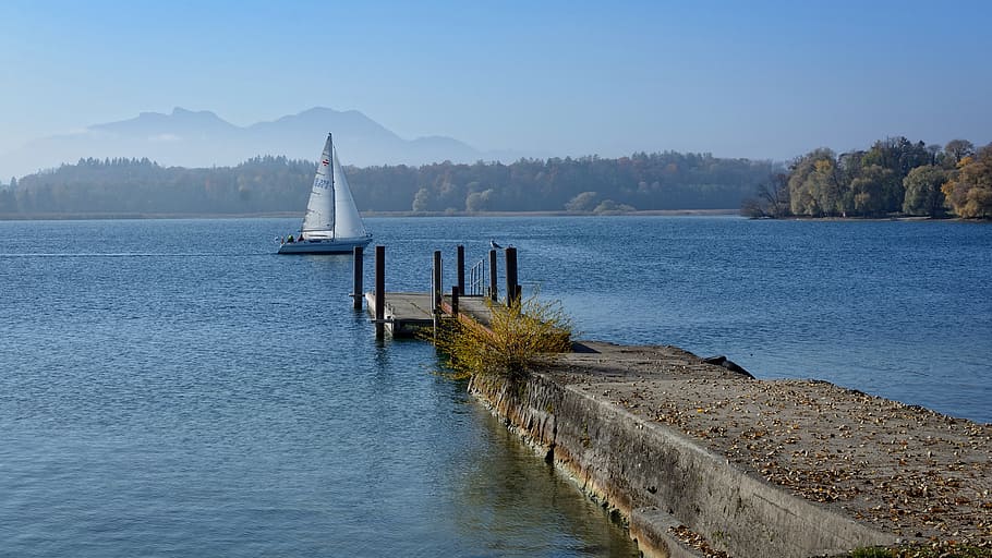 autumn, landscape, chiemsee, web, pier, bank, lake, water, blue, HD wallpaper