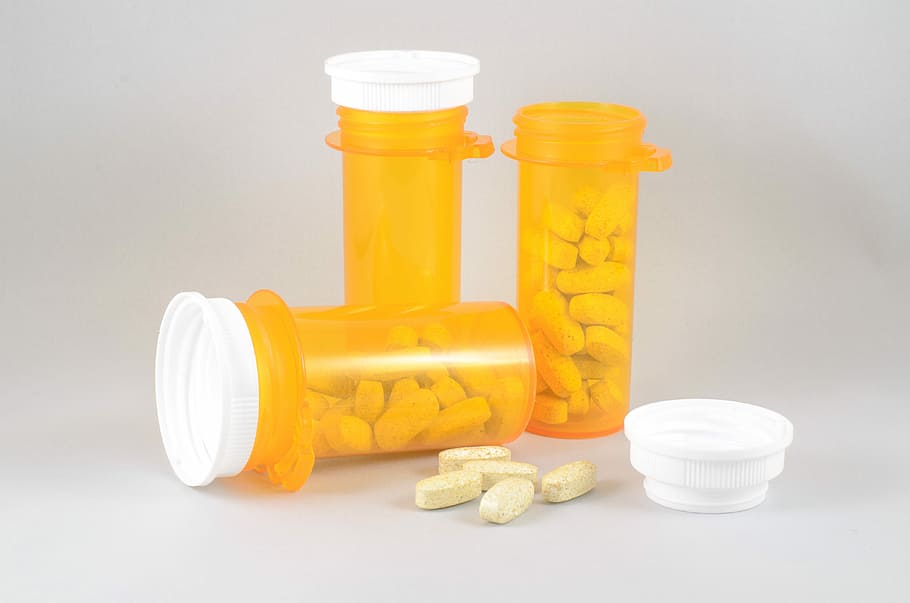three yellow pill bottles, medicine, medical, health, care, pharmacy