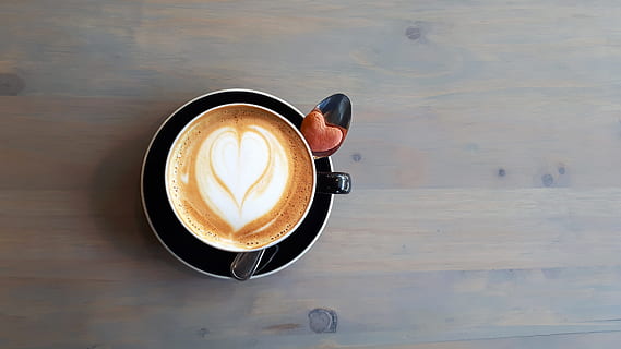 flat lay photography of heart coffee in mug, desktop, cup, table HD wallpaper