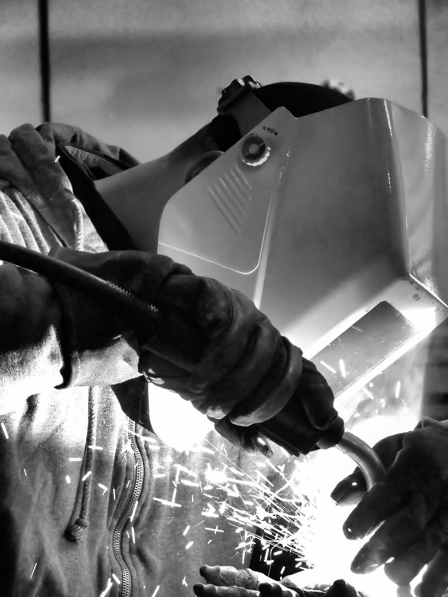 grayscale photo of man using acetylene torch with mask, welding HD wallpaper
