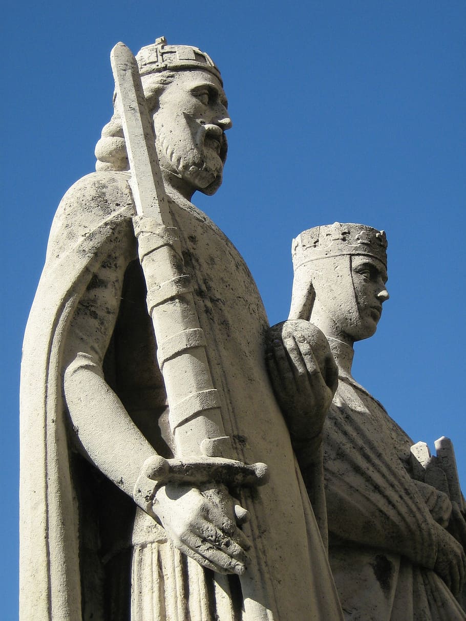 statue, stephen king, st stephen's, veszprém, blue sky, sculpture, HD wallpaper