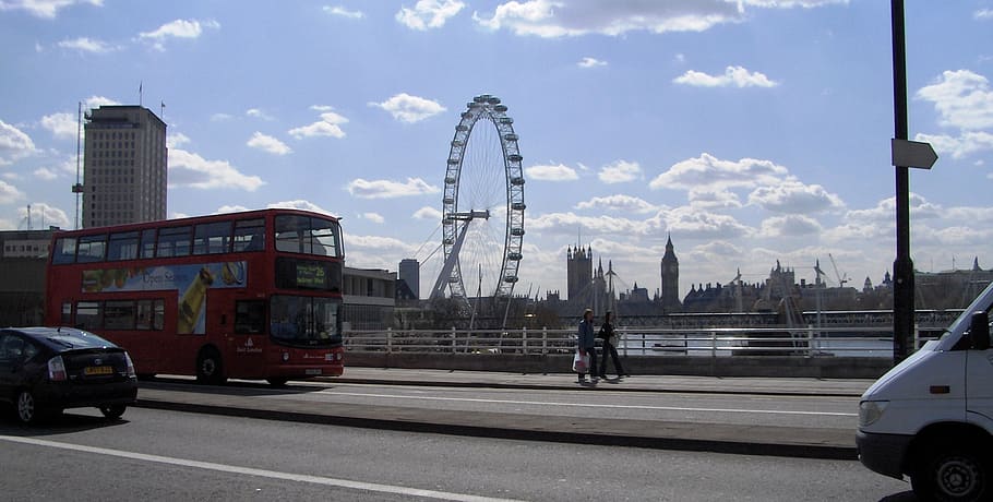 london eye, england, architecture, water, bridge, bus, city, HD wallpaper