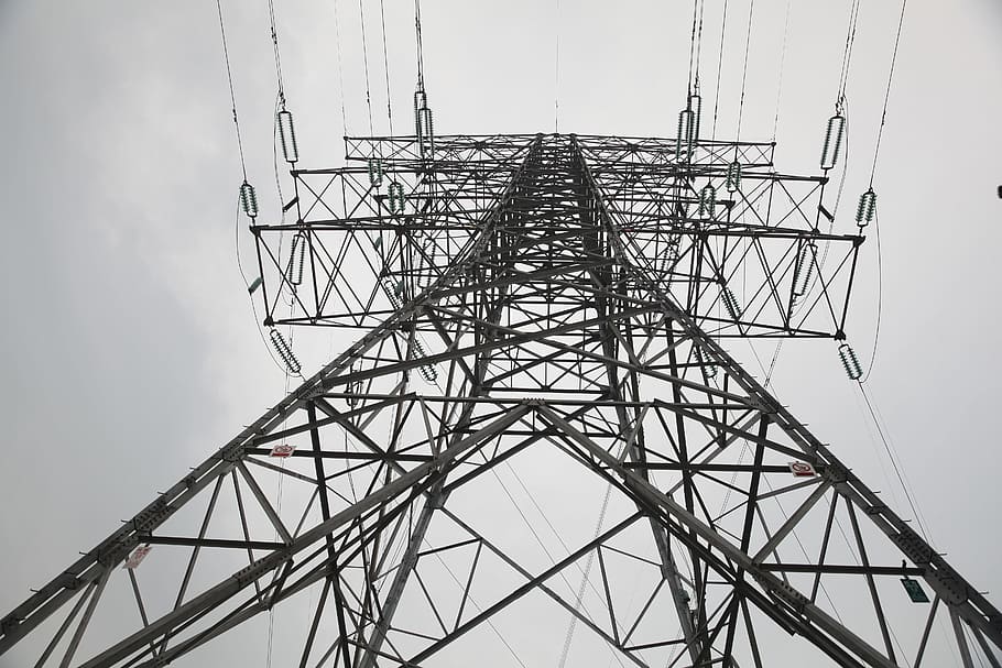 low angle photo of transmission tower, power, electricity transmission, HD wallpaper