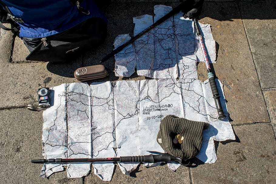 backpacking, trip, travel, map, day, one person, sunlight, high angle view HD wallpaper