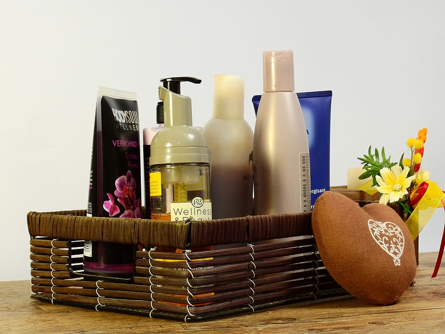 cosmetic products in brown wicker basket, Cosmetics, Deco, Decoration