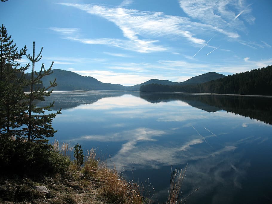 view, sky, water, mountains, dam, reflections, lake, tranquility HD wallpaper