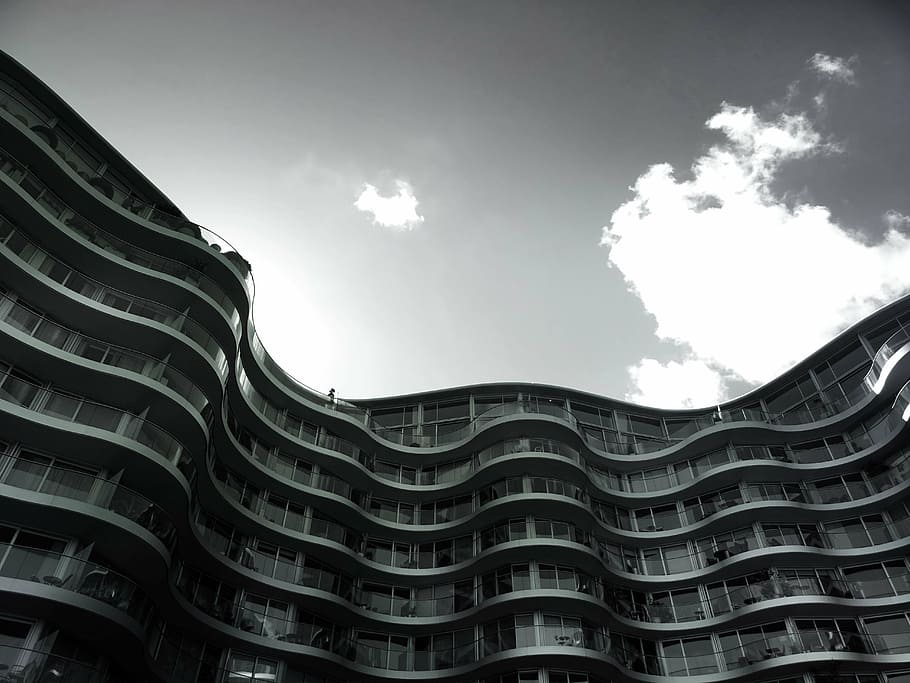 architecture, black and white, building, clouds, construction HD wallpaper