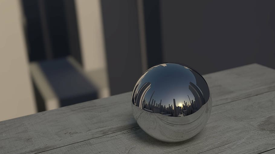 silver ball decor on top of gray wooden surface, mirroring HD wallpaper