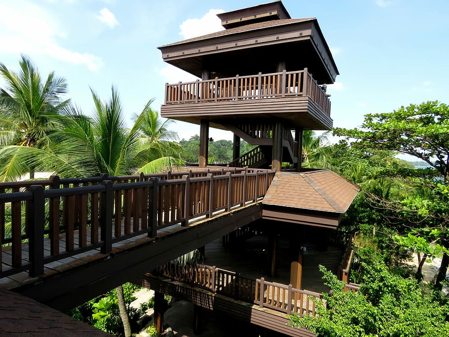 island, tower building, sentosa, singapore, bridge, panorama, HD wallpaper