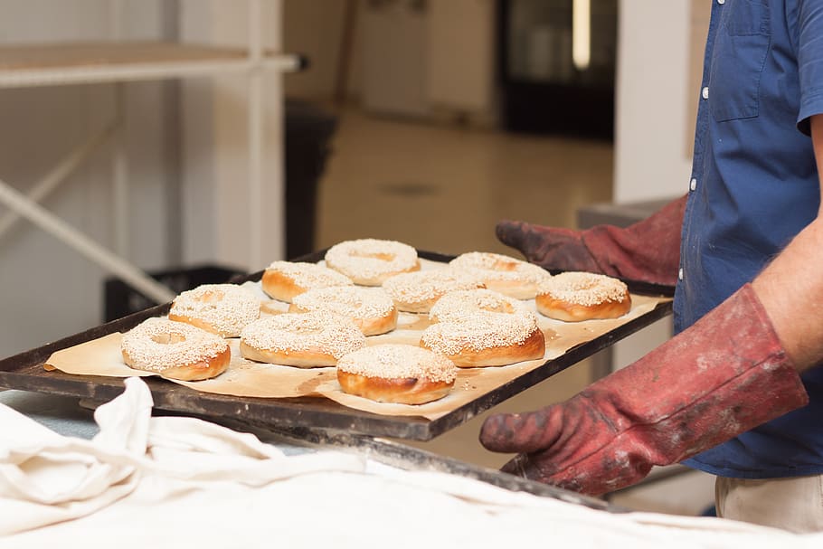 baking, gloves, oven, fresh, bread, bakery, person, tray, food HD wallpaper
