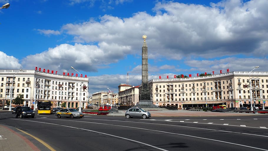 minsk, belarus, victory square, architecture, city, transportation, HD wallpaper