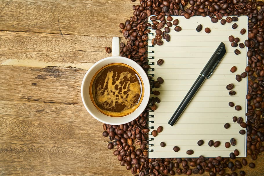 white ceramic mug filled with brown liquid, cup, coffee beans HD wallpaper