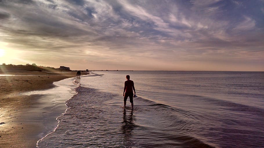 silhouette, beach, sunset, sunset beach, clouds, reflection HD wallpaper